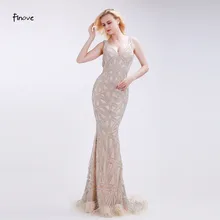 Finove Champagne Evening Dresses Stunning Beading Sexy Deep V-Neck Backless 2016 New Mermaid Floor-Length Sweep Train Dresses