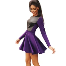 QISHI 2016 Spring Women Mini Dress A-Line Long Sleeve Knitting Sweet White Purple PU Patchwork Women Casual Dresses S M L XL