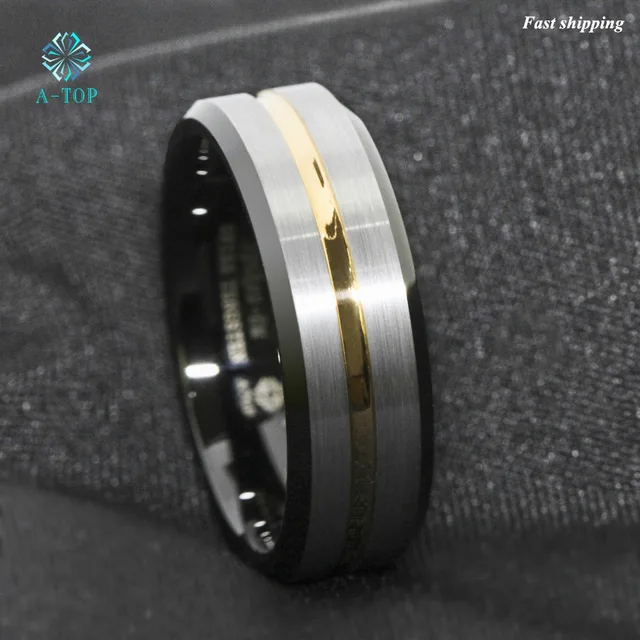 Atop 8mm Men S Wedding Band Silver Brushed Black Edge Tungsten Atop 8mm Men S Wedding Band Silver Brushed Black Edge Tungsten Ring Gold Inlay Free Shipping