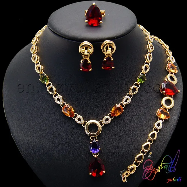 

Yulaili 2017 Free Shipping New Design Zinc Alloy Gold Color Ladies Zircon Four Jewelry Set
