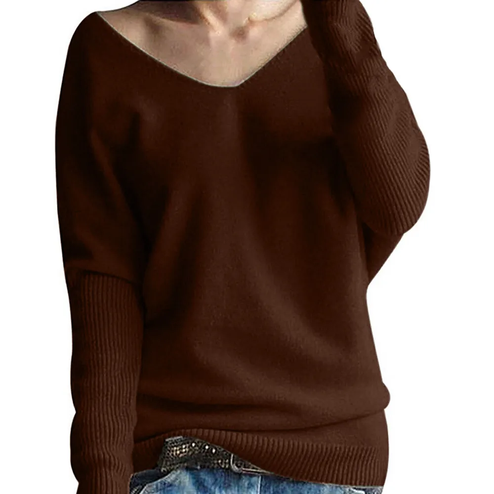 SAGACE, свободные, длинные, v-образный вырез, вязанные, женские свитера и пуловеры, топы, блуза, высокое качество, женский пуловер, свитер, корейский стиль - Цвет: Коричневый