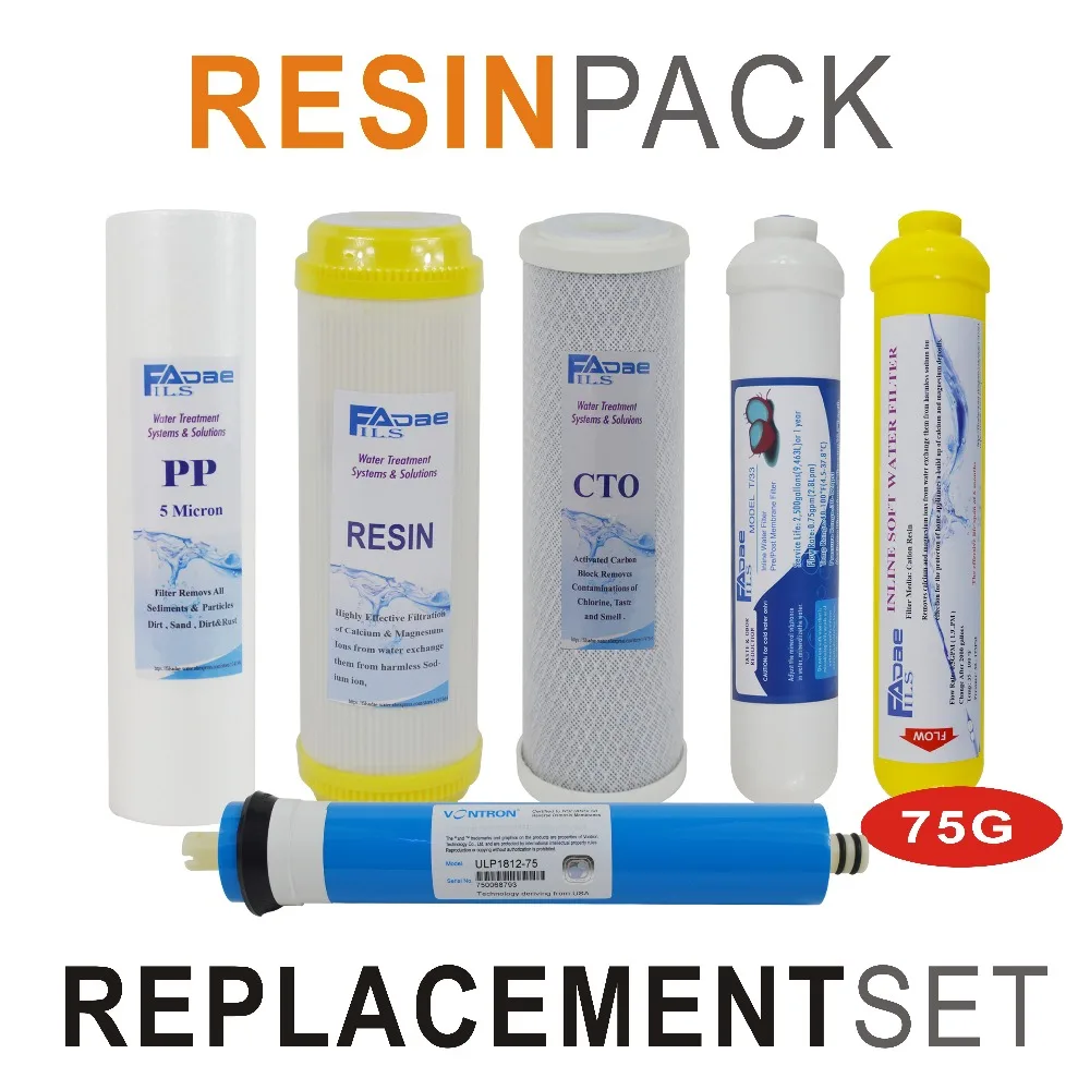 

Soft Resin Reverse Osmosis System Replacement Filter Set - 6 Filters with 75 GPD RO Membrane Element - PACK OF 6