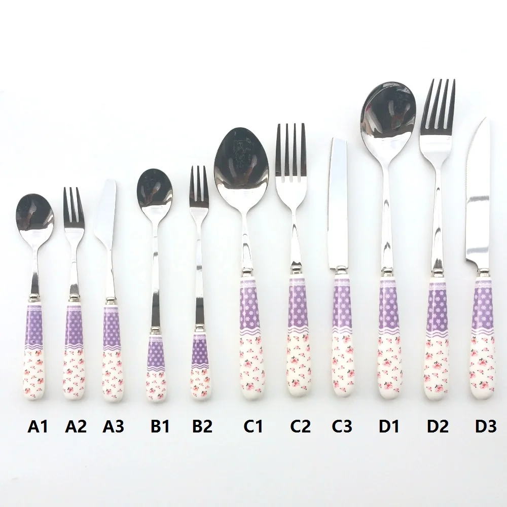 

4 Packs Pastoral Ceramic Handle Stainless Steel Spoons Forks Knives Coffee Ladle Dessert Icecream Lovely Tableware Random Color