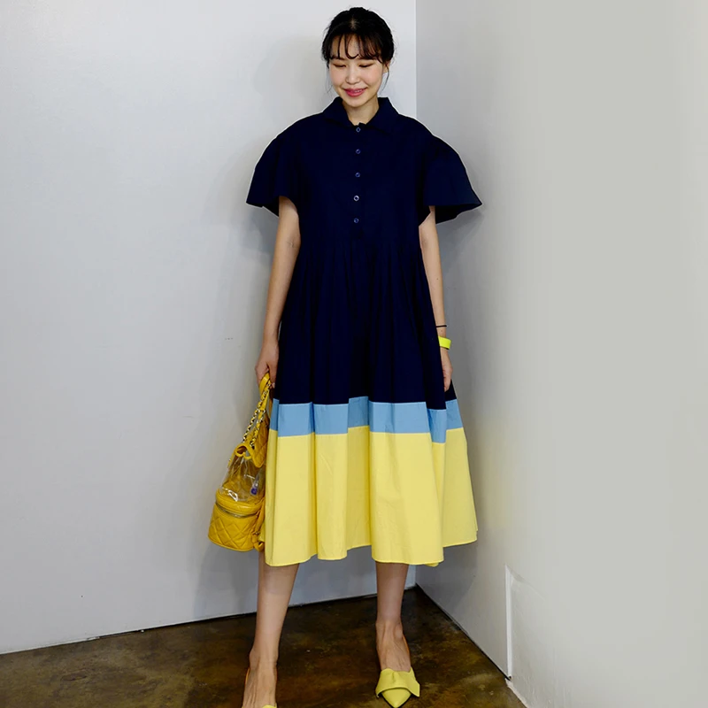 

[EWQ]Korean Fashion Clothing O Neck Patchwork Short-sleeved Panelled Loose Large Size Dress Casual Ladies Dress Autumn NewQK479