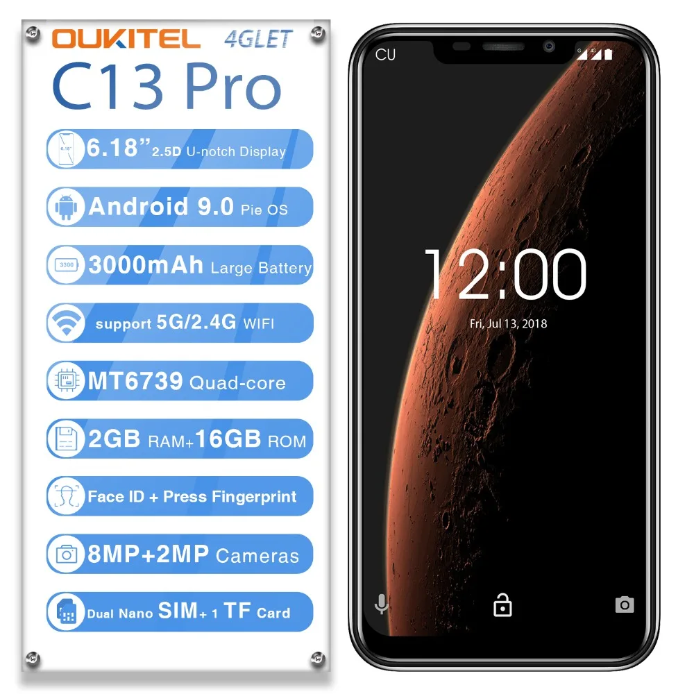 OUKITEL C13 Pro смартфон с 5 дюймовым дисплеем четырёхъядерным процессором MT6739 ОЗУ 2 Гб