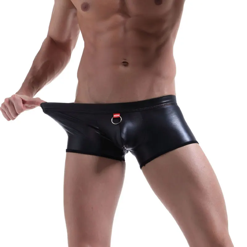 

Sexy Men U Convex Pouch Boxers PU Faux Leather Underwear Boxers Shorts Sheathy Cool Male Gay Wear Underpants Plus Size F15