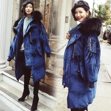 Зимой Вниз Пальто Женская Одежда Синий Мех С Капюшоном Пальто Толстые Парки И Пиджаки Длинные Вниз Бархат Куртки