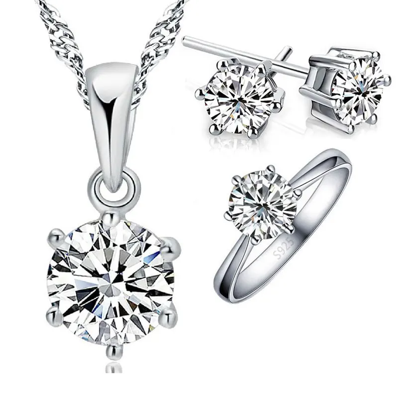 Высокое Качество, Классический женский комплект свадебных ювелирных изделий для вечеринки, 925 пробы, серебряное ожерелье, серьги, кольцо, набор, опт