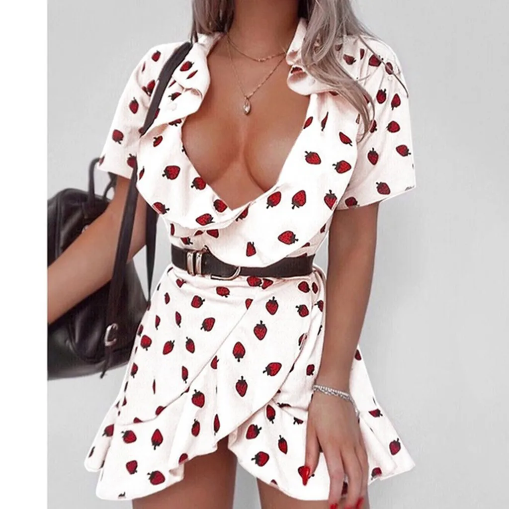 

Sexy Dress Summer Women Cute Asymmetric Sundress Sexy Fruit Print Short Sleeve V-neck Print Ruffle Short Dress robe femme
