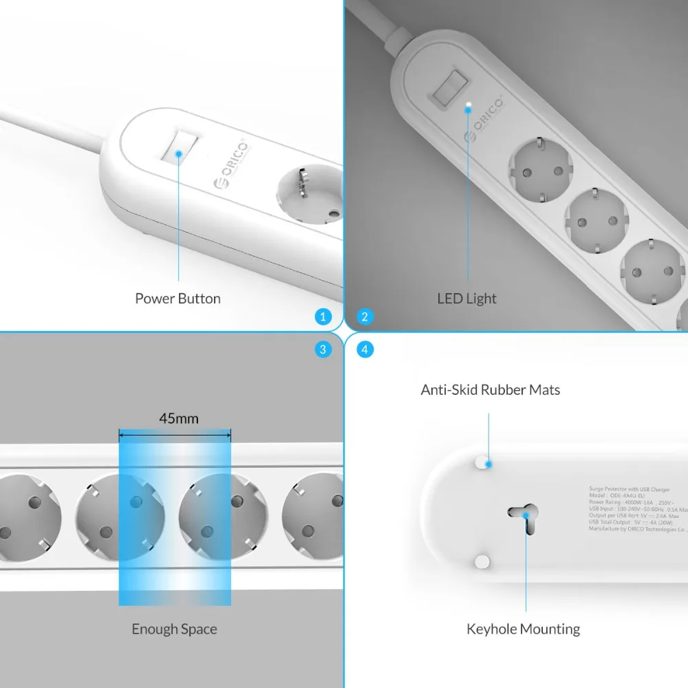 ORICO HPC EU/US/UK Plug 8 Outlet Surge Protector EU Power Stirp with 5 x 5V2.4A USB Super Charger Ports - White&Black ORICO HPC EU/US/UK Plug 8 Outlet Surge Protector EU Power Stirp with 5 x 5V2.4A USB Super Charger Ports - White&Black