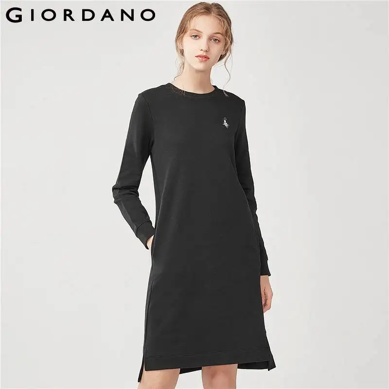 

Giordano Women Sweatshirt Dress Women Embroidered Animal Fleeced Lining Round Neck Sweatshirt Women Dress Winter Casual Sudadera