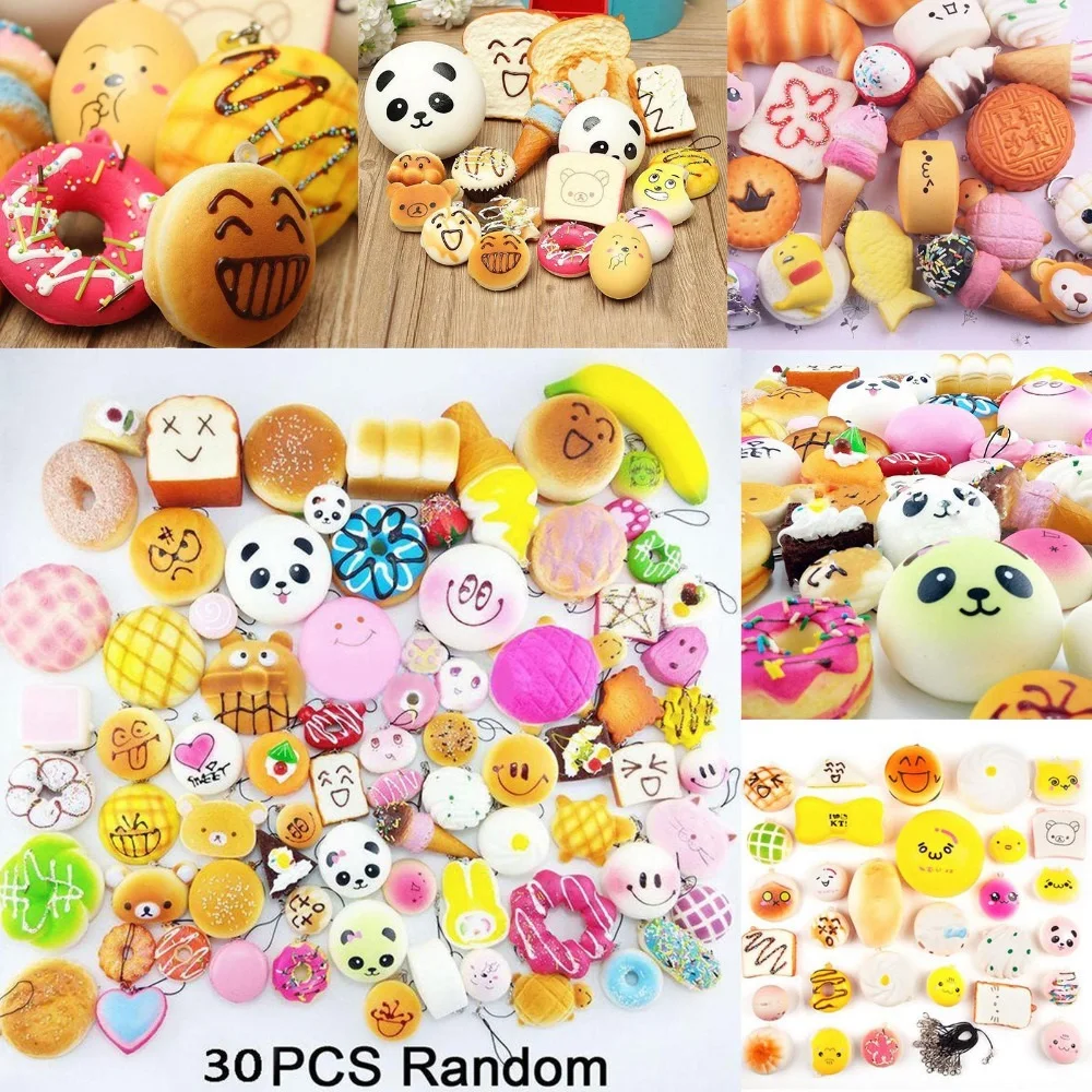 

30pcs DIY Soft Funny Squishy Slow Rising Jumbo Squeeze Toast Cake Bread Panda ice Cream Cell Phone Straps Toy Phone Decoration