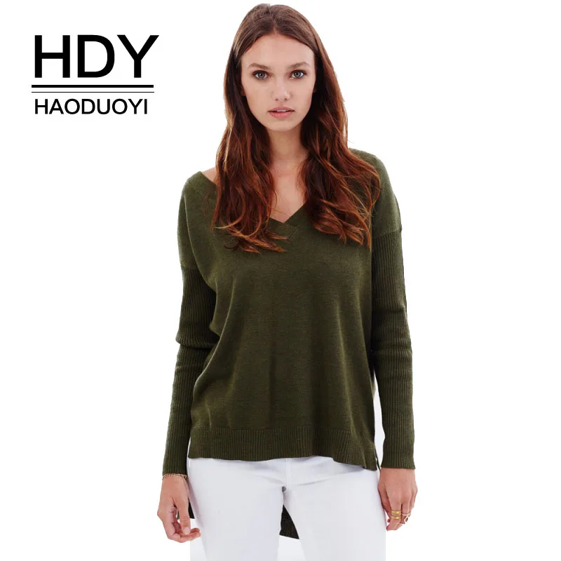 HDY Haoduoyi Solid Green V neck Sweater Women Loose Long Sleeve Pull 2020 Fashion Back Cross Soft Pullovers Sweaters Jumper | Женская
