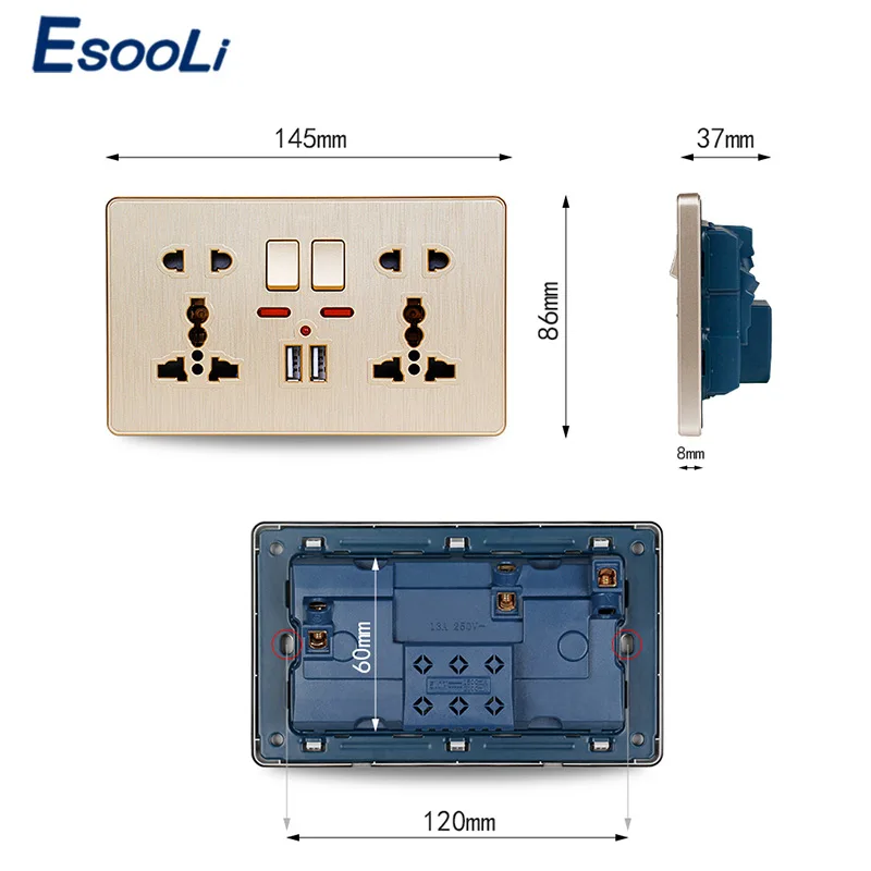 Esooli настенная розетка двойная универсальная 5 отверстий переключаемая 2.1A
