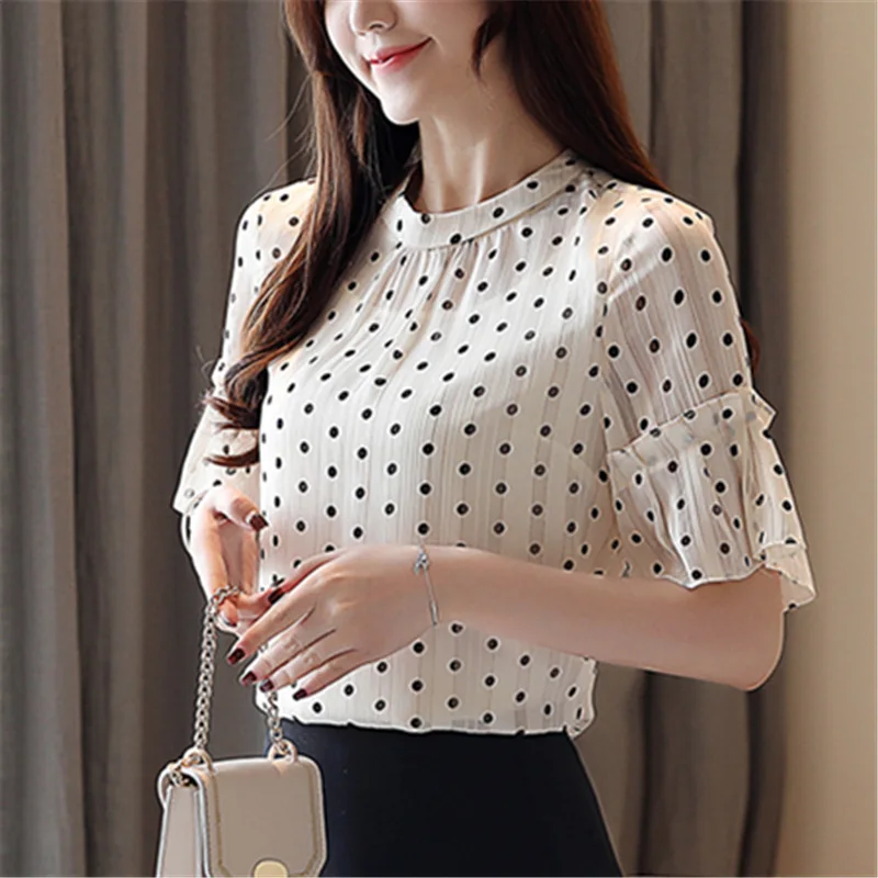 

2019 New Summer Fashion Women Blouses And Tops Chiffon Flare Short-Sleeve O-Neck Polka Dot Ladies Casual Shirt Clothing Blusas
