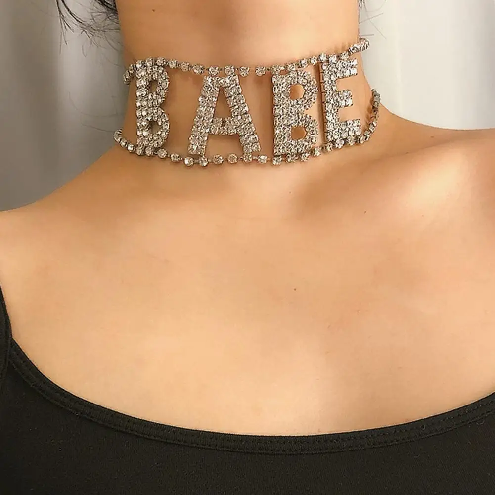 

Wholesale Luxury Women Babe Letter Rhinestone Inlaid Choker Necklace Night Club Jewelry