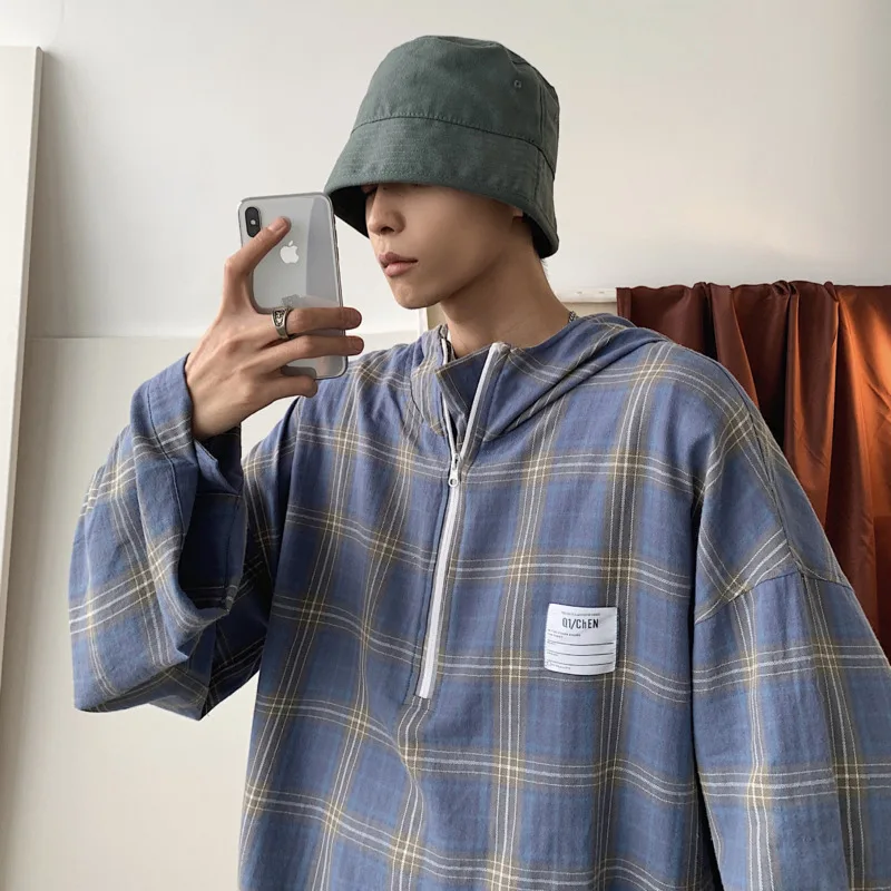 

2019 Summer New Casual Loose Plaid Collared Cap Collar Long-sleeved Shirt Street Damp Cotton Camisa Masculina Streetwear