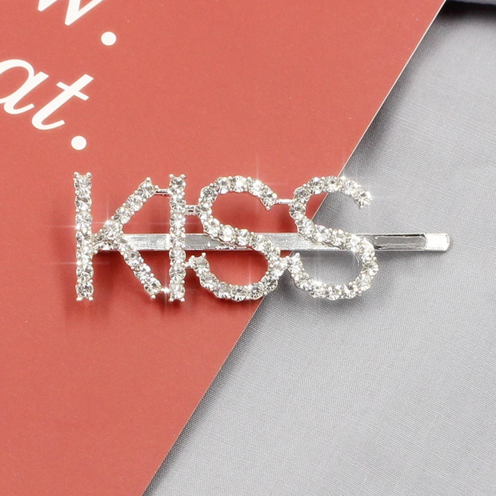 8 Styles Silver Diamond Rhinestone Letter Hair Clips Hairpin Bangs Clip Sweet Barrette Hairclips Hair Accessories - Color: Kiss