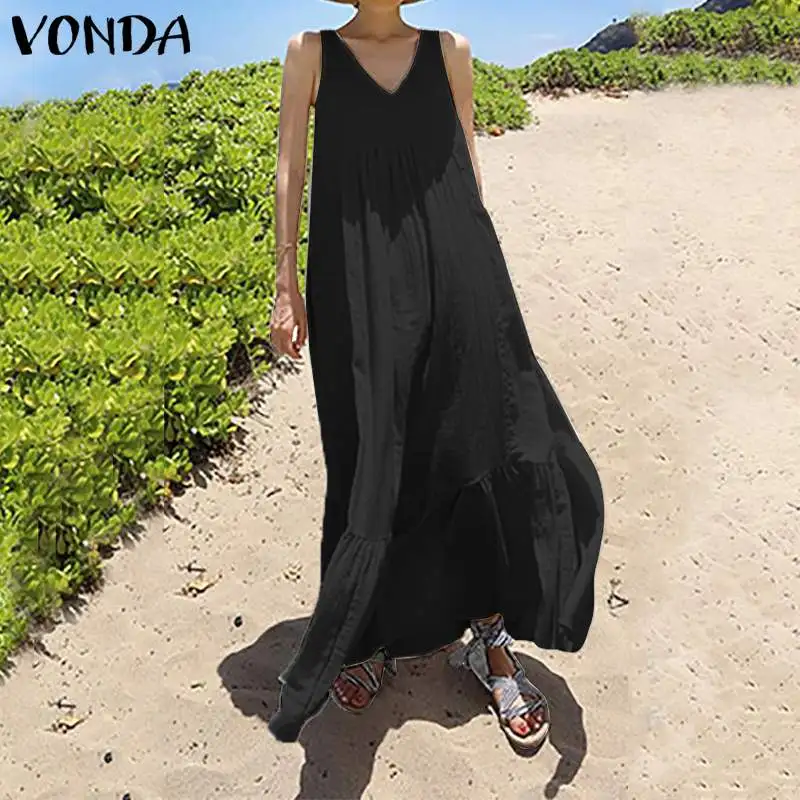 VONDA женское белое хлопковое длинное платье летнее сексуальное платье без рукавов с v-образным вырезом винтажное пляжное вечерние сарафан, женский халат большого размера