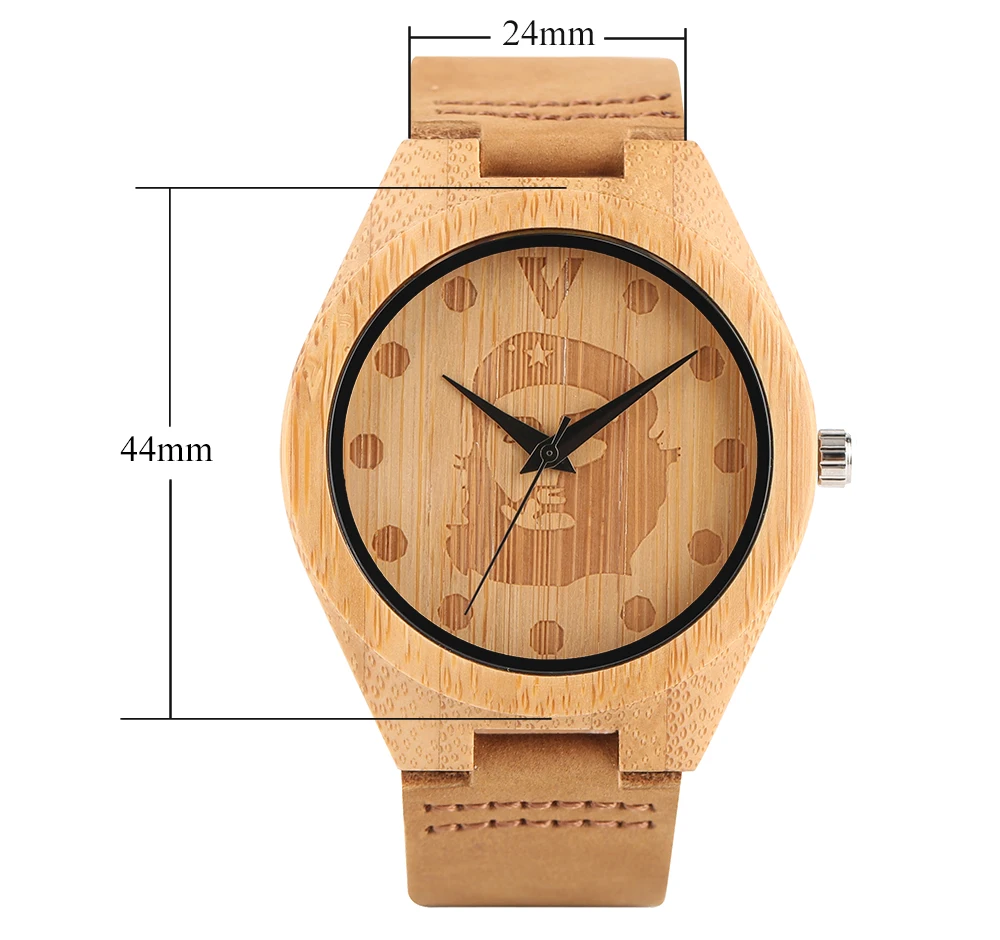 Novel Che Guevara Bamboo Wooden Men Wrist Watch Handmade from Real Wood Creative Watches Genuine Leather Band Strap Timber Clock (5)