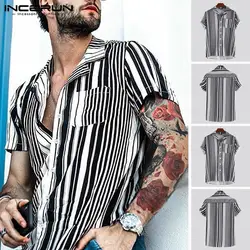 INCERUN модная мужская рубашка в полоску с карманами, с отворотом, с вырезом, свободный шикарный уличный с короткими рукавами, пляжные рубашки