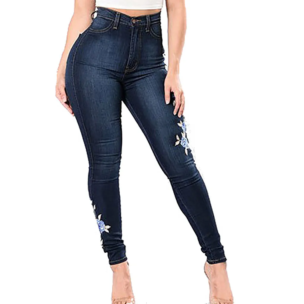 Женские секси джинсы брюки длинные брюки вышивка Высокая талия Офис размера плюс джинсовые капри на молнии женские брюки узкие брюки