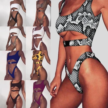 

Women Swimwear 2 Piece Leoprard Bikini Push Up Snake Print Bikini Buckle High Waist Swimsuit Bathing Suit Women Thong Monokini