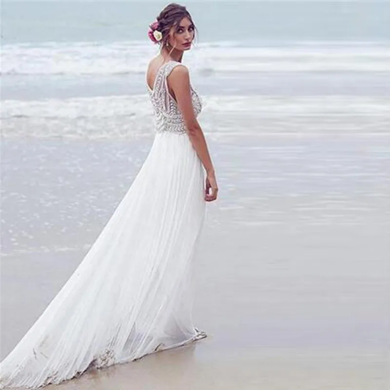 Пляжное платье Vestido De Noiva, украшенное бисером, свадебные торжественные платья, винтажное платье в стиле бохо, свадебное платье с фатиновой юбкой, элегантные длинные платья невесты