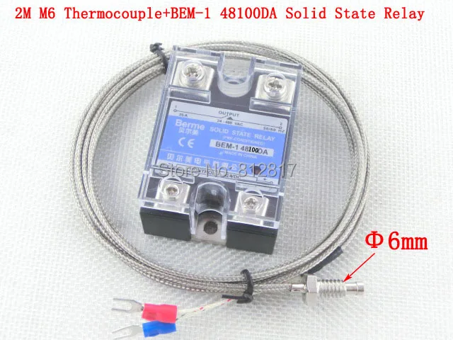 

BEM-148100DA DC to AC Solid State Relay 100A 24-480VAC 3-32VDC +2M 6mm Thread K Type Thermocouple for Temperature Controller