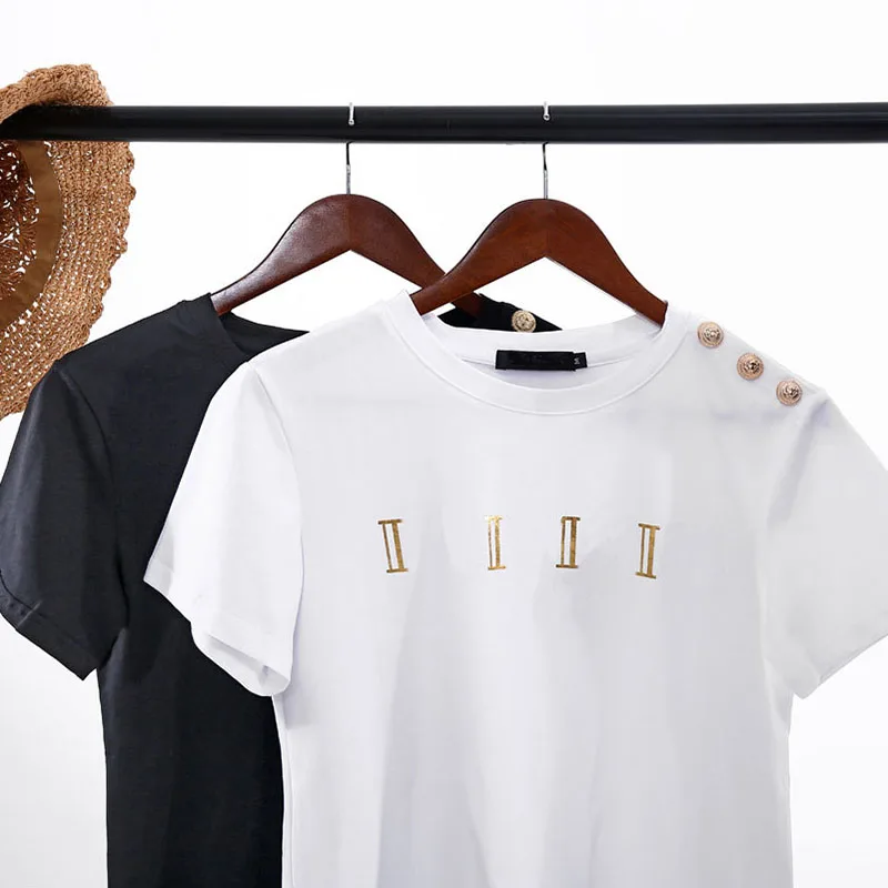 

2019 new summer top t-shirt shoulder buttons print letter short sleeve casual t-shirts for women