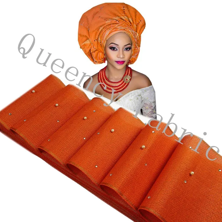 

Unique Aso Oke with stones and beads Headtie African SEGO headtie gele Wrapper Scarf 17.2 meters length