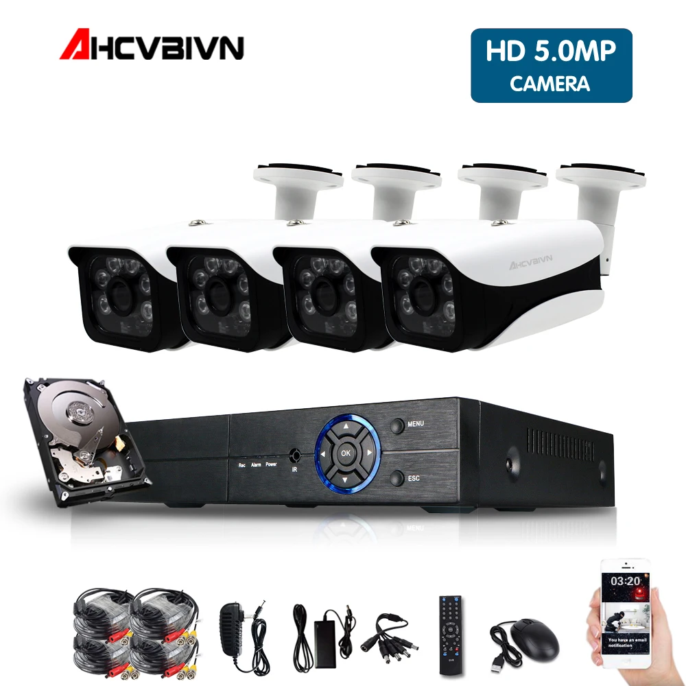 4CH 5MP CCTV DVR система камер домашней безопасности 4*5,0 Мп Водонепроницаемый для дома и улицы ИК светильник Ночное видение комплект видеонаблюдения 2 ТБ