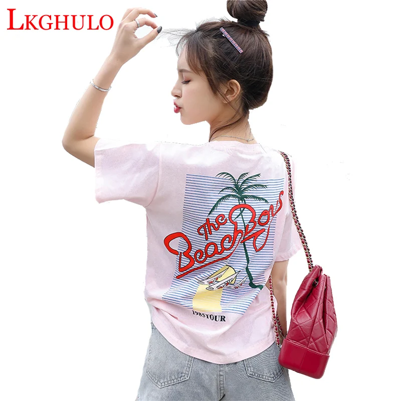 2019 Summer Women Casual Loose T-shirt O-Neck Short-sleeved Printed Letter Top Plus Size S-XL W803 | Женская одежда