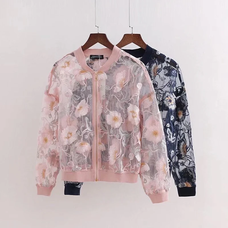 

Fashion Summer Floral Embroidery Women Jackets Sexy Lace Perspective Lightweight Bomber Coats Mesh Sun-proof Clothing Cardigan