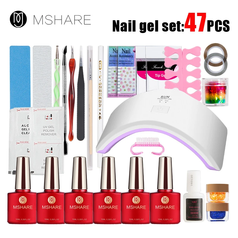 

MSHARE 47Pcs DIY Nail Art Base Tool Nail Manicure Set 18W UV Led Lamp UV Base/No Wipe Top /Reinforcement Gel Kit Brush Buffer