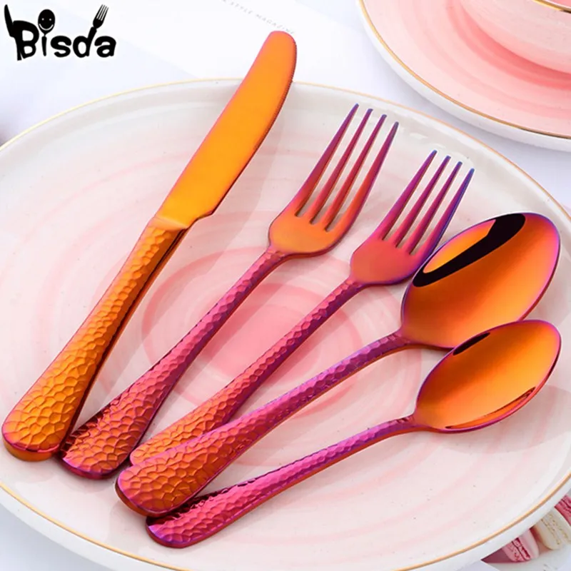 

5Pcs Rainbow Dinner Set Stainless Steel Snack Shape Handle Dinnerware Table Knife Fork Teaspoon Cutlery Restaurant Wedding Party