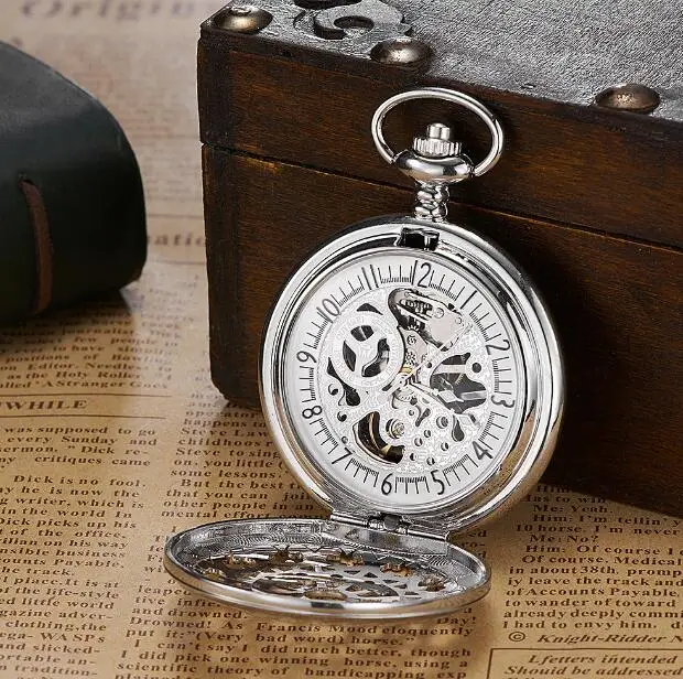 10 шт./лот винтажные серебряные Механические карманные часы с цепочкой ретро скелет мужские белые циферблат стимпанк Механический карманные часы