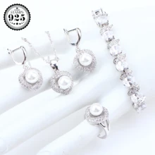 Женский свадебный жемчуг, серебро 925, ювелирный набор, белый цирконий, серьги, кольца, бижутерия, кулон, ожерелье, набор, подарочная коробка