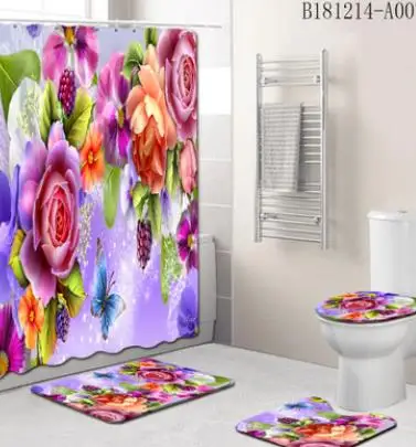4 шт. коврики для ванной+ занавеска для душа с цветами и бабочками, Противоскользящий коврик для ванной, набор ковров для ванной комнаты, коврик для ванной комнаты, коврик для ванной комнаты - Цвет: 7