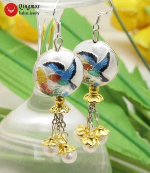 

Qingmos Trendy Natural Pearl Earrings for Women with 6-7mm White Pearl & 18mm White Round Dangle Cloisonne Earring Jewelry e595