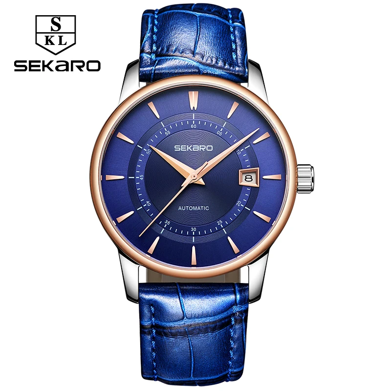 

Sekaro Business Blue Leather Mechanical Wristwatches Stainless Steel Men's Watches Automatic Watch Men Luxury Brand Montre Femme