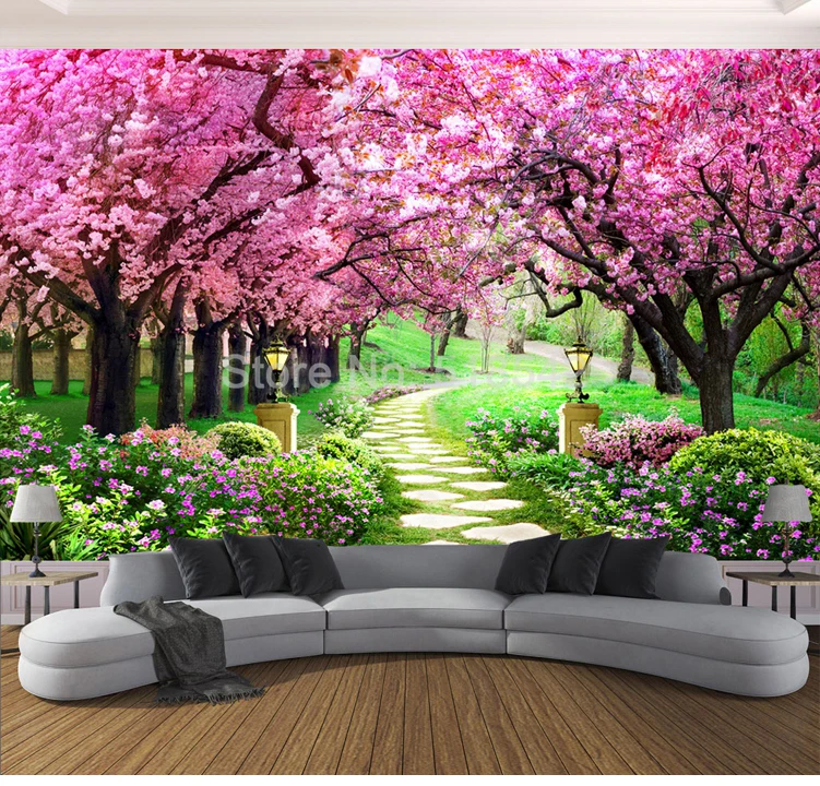 3D Photo papier peint fleur romantique Cherry Blossom Tree Petite Route mural