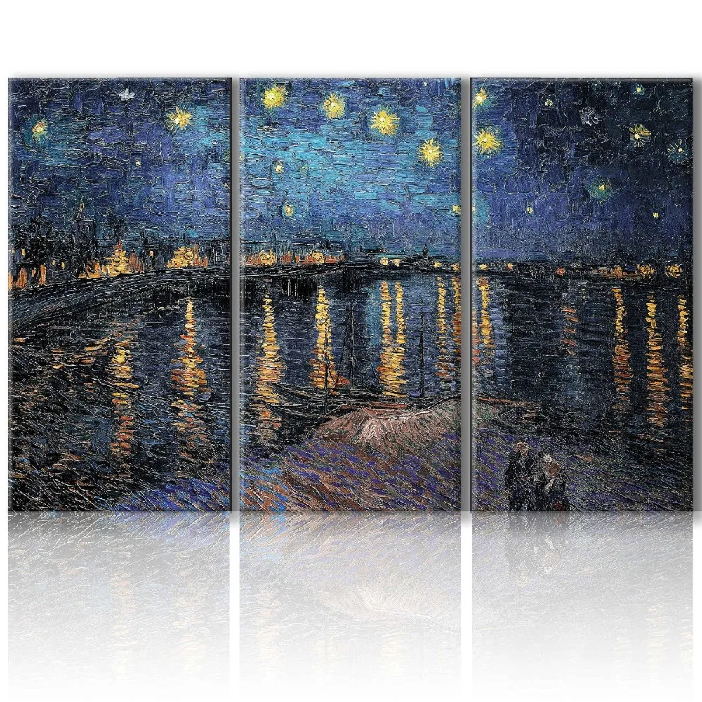 

3 Панели впечатление Звездная ночь река пейзаж холст печать картина напечатанная на холсте дома стены художественное украшение картина