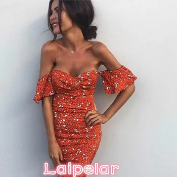 

Sexy Strapless Off Shoulder Ladies Bodycon Party Dresses Women Summer Backless Print Orange Club Bandage Pencil Dress