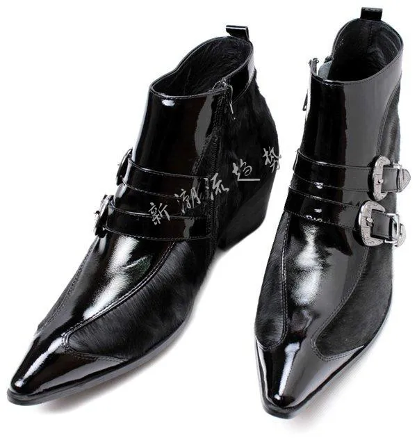 Classical Patent Leather Mens Black Boots British Style Pointed Toe