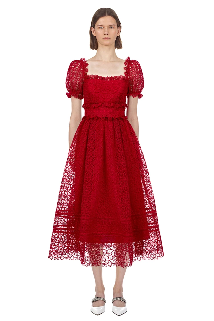 

2019 new arrive red lace dress elegant midi women party dress high quality