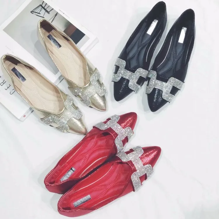 

Pointed Toe Solid Shallow Women Basic Low Heel Pumps Bling Crystal With Slip-On Single Shoes Casual Fashion Ladies Pumps
