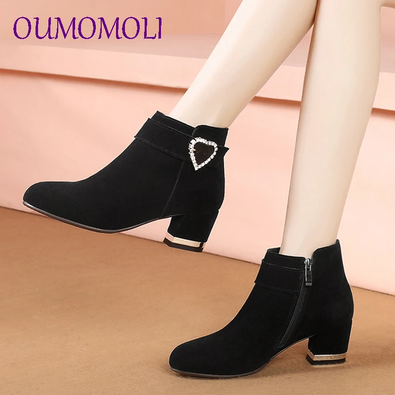 

Square High Heels Women Ankle Boots Crystal Round Toe Zip Footwear Cow Suede Female Boot Fur Shoes Women 2019 Winter