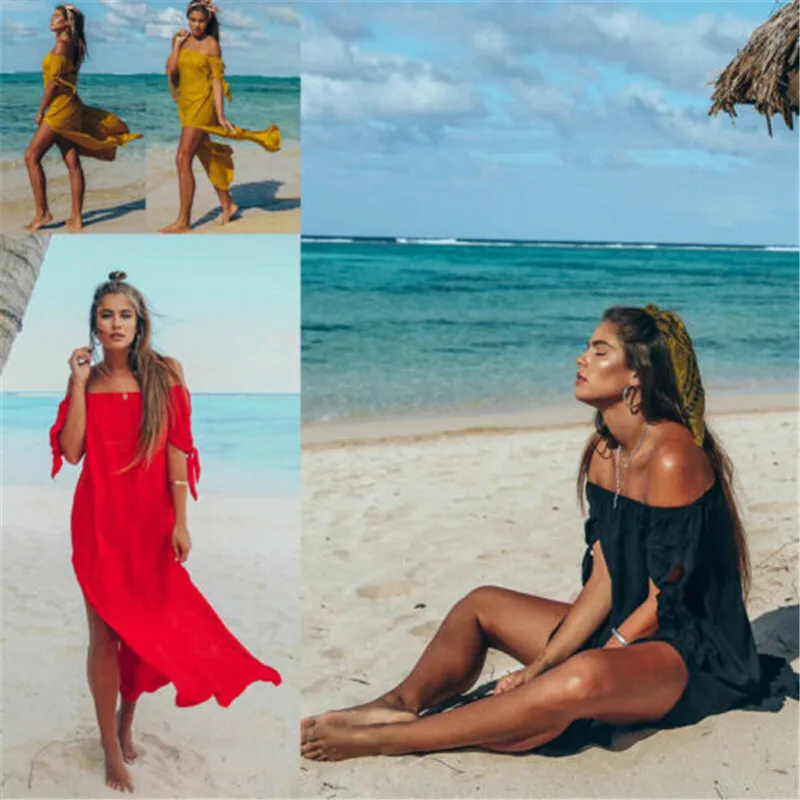 Сексуальное женское пляжное платье с открытыми плечами, купальный костюм, сплошной пляжный костюм со средним рукавом, летнее пляжное платье макси, пляжные платья для женщин, купальные костюмы