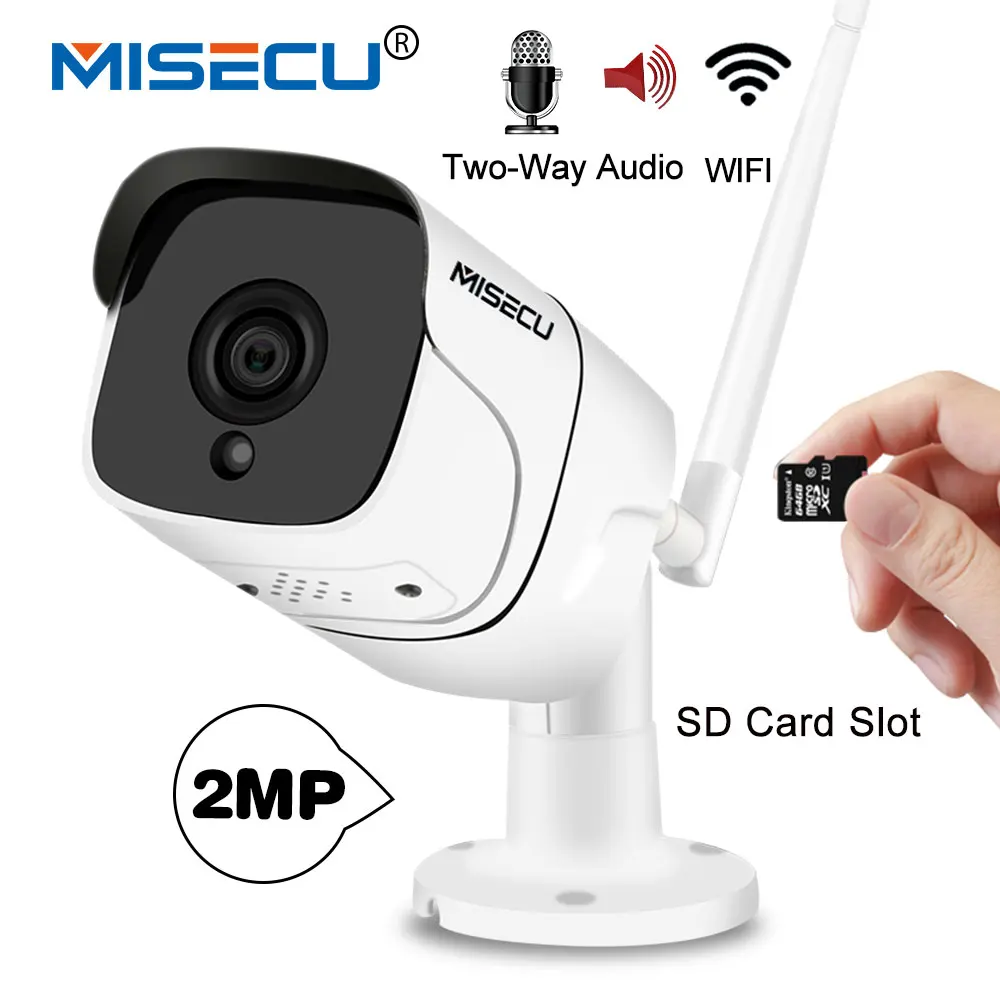 

MISECU Wifi IP Camera 1080P Outdoor Bullet with 64GB SD Card Slot Two Way Audio1920*1080P P2P Wireless Email Alert Night Vision